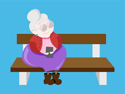 Techie Granny sitting on a bench illustration