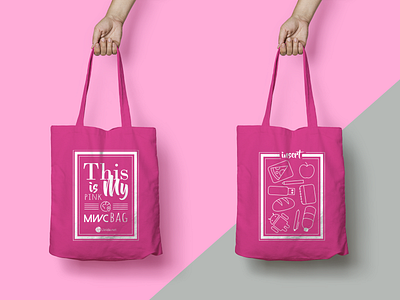 "This is my pink MWC bag" bag bag design brand branding design graphic design illustration merchandising pink bag promo promo bag tote totebag totebags typography vector