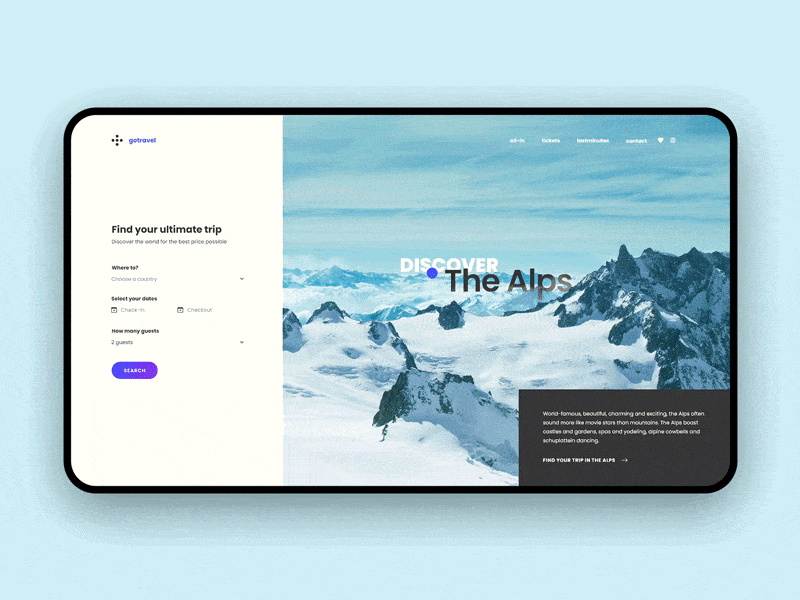 Discover The Alps adobexd aftereffects animation clean design gif minimal mountains parallax parallax effect scroll travel ui ux webdesign webdesigner