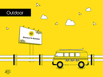Outdoor Ad concept illustration minibus outdoor yellow