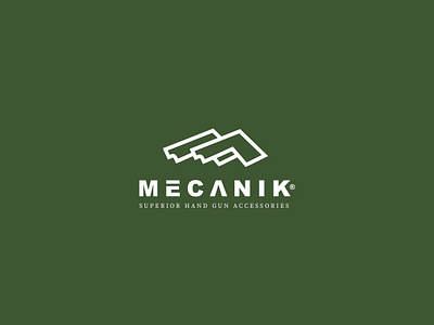 Mecanik / Logo Design arm brand firearm green gun gunshot icon logo logo design logotype m montain weapon weaponry