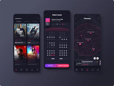 Booking Movie Tickets App app booking cinema clean dark dark app dark mode dark theme dark ui minimal movie movie app movies ticket ticket booking tickets ui ux