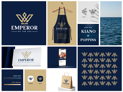 Emperor Logo Design blue logo cream logo crown logo dual logo e logo emperor logo empire logo king logo letter e logo logo design navy logo negative space logo royal logo sea logo seafood logo