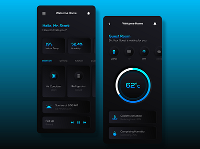 Smart Home App app blue clean colors dark dark ui design digital gradient minimal modern neumorphic neumorphism shadow skeuomorphic skeuomorphism smarthome trending typography uiux