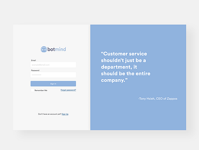 Botmind chatbot login screen chat chatbot design icon login login page minimal split screen ui uidesign user onboarding userinterface webdesign website