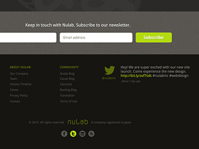 Nulab Website Design - Footer black footer gray green icons newsletter signup nulab texture twitter feed web website