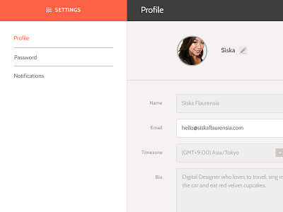 Profile Settings UI avatar bio clean design flat interface orange profile settings ui web