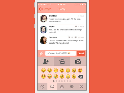 Chat app iOS - emoji add photos app attachment camera chat emoji ios messages mobile orange smiley toolbox