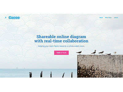 Cacoo redesign: home page app big image birds blue home page illustration landing ocean pink sneak peek