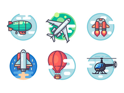 Aircrafts airplane airship art artwork balloon cloud helicopter icon illustration jetpack rocket shuttle spaceship vector vectorart