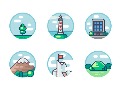 Set of different heights objects artwork ascent building flag flat heights hill icon illustration landscape lighthouse mountain office thee top vector vector art