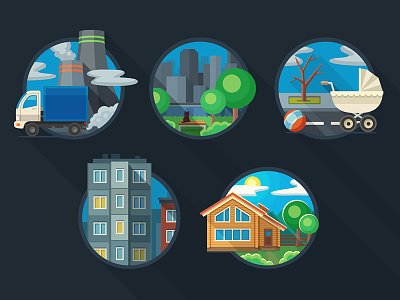 Flat urban icons set buggy city concrete cottage factory flat gassed house icon simple tree village