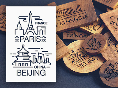 Сities Engravings baijing china city engraving flat france icon illustration paris souvenir tourist wood