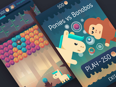 Ponies vs Bonobos game design app bubble design flat forest game interface ios monkey pony shooter