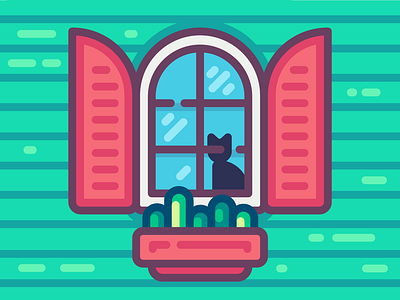 Welcome! cat cozy cute flat frame glass house illustration kitty plant shutters welcome window wood