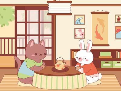 Cute animals in a Japanese living room