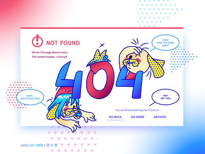 For the challenge "Daily UI". N 008 "Page 404" 404 challenge characters d v r dailyui dogs figma illustration illustrator not found page404 ui ux