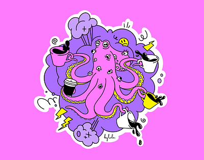 Coffee addicted Octopus ai cartoon graphic design humor illustration sticker stickers vector иллюстрация