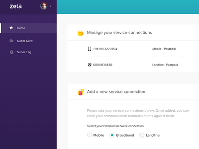 Manage Service connection page card dashboard payment phone service ui ux web