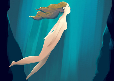 swimming woman on the deep blue ocean beautiful blonde cover deep deepblue design hair illustration ocean woman womans