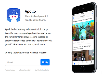 Apollo Coming Soon Page apollo app coming soon iphone landing launching notify page preview reddit subscribe website