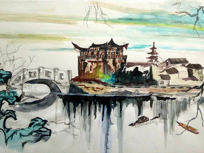 Chinese Palace-Water colors chinese illustration art palace water colors
