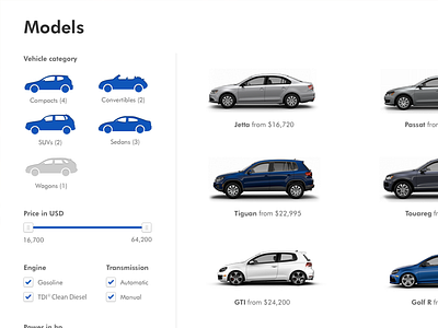VW Redesign - Dropdown with models bottom menu car icons cars filter futura left sidebar models redesign volkswagen vw