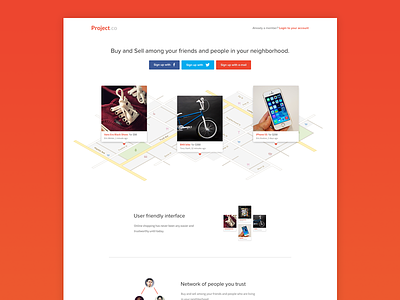 Project.co Homepage preview animations buy and sell friends homepage items location map orange perspective perspective map simple white