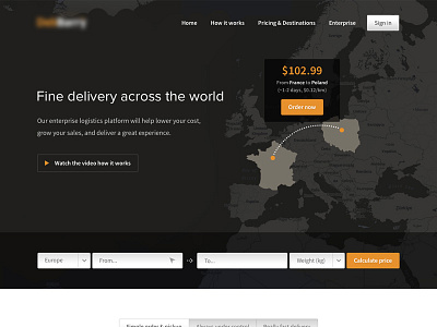 Delivery Service Website blocks countries delivery europe grey landing page map orange product page service states