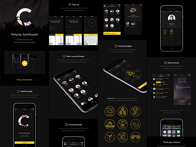 Cheers on Behance badges behance case study cheers dark ui inviting iphone 6 partying user interface video yellow