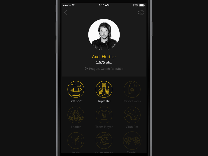Cheers - Profile & Settings animation app concept avatar badges cheers dark ui nesetril profile settings user yellow