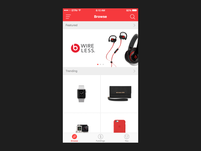 Ecommerce App - Browse Products ecommerce ios ecommerce nesetril products red ios ui scroll animation browsing scroll ios scrolling shopping strv white ios ui
