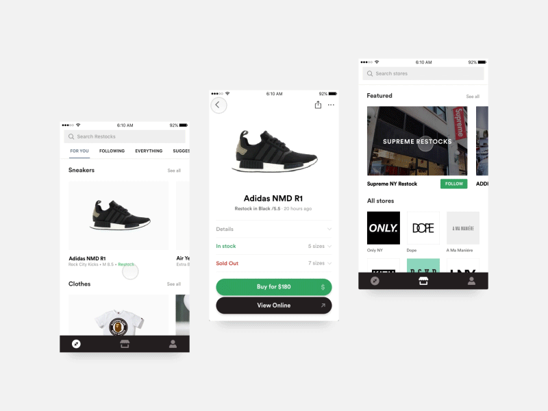 Restocks - Interactions [iOS] animated interactions clothes design details feed ios interactions item detail micro principle restocks slides sneakers