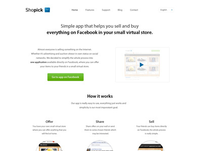 Shopick - Homepage app blue clean facebook green homepage shop shopick shopping space white