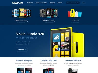 Nokia.com redesign 920 asha blue clean colors dropdown lumia menu noise nokia redesign white