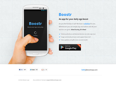Android app website (PSD) andoid android app app website blue device device in hand download galaxy s3 google play hand pattern product page psd psd template render samsung subtle patters template white