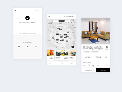 NestAway app ui in black and white concept black and white house details map view nestaway rental home schedule visit