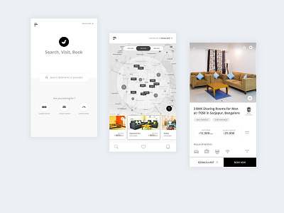 NestAway app ui in black and white concept