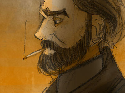 Long stares and cigarettes beard cigarette man overcoat