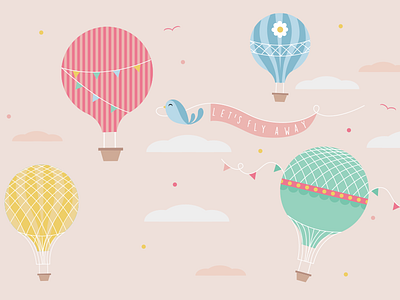 Let's Fly Away balloons birds girl graphic illustration illustrator landscape nature novelty vector