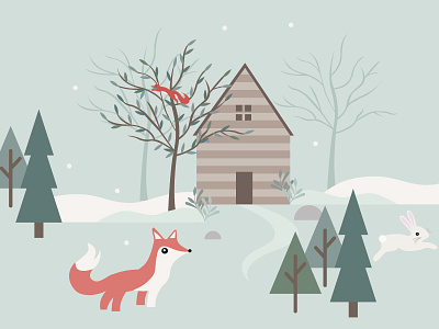 Winter Woodland WIP fox illustration illustrator nature rabbit scene squirrel trees woodland