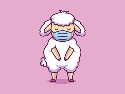 Cute sheep using mask cartoon illustration