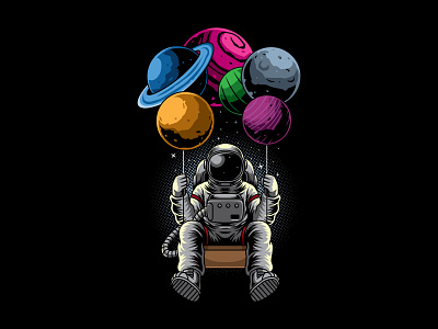 Astronaut floating in space using planet balloon