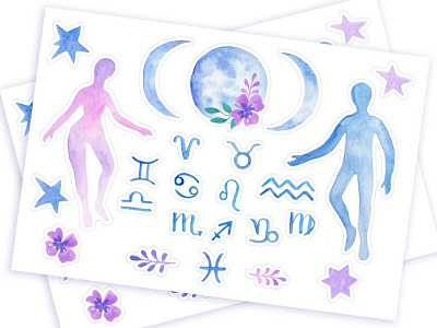 Watercolor Zodiac Printable Stickers art design girl girl character illustration man man character moon printable star stickers watercolor zodiac