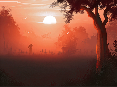 The farmer adobe agriculture artist characterdesign digital evening illustraion natural nature paddy red sky