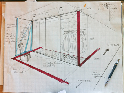 Draft of an interior entrance hand drawing interior storage