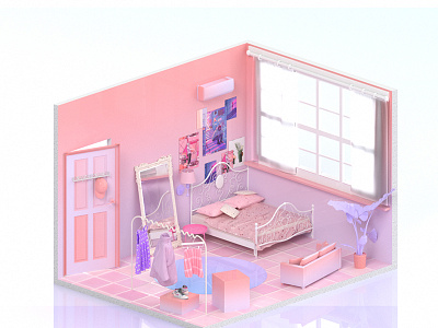 Girl‘s room cube room dream house girl isometric design isometric illustration isometry pink purple room room design