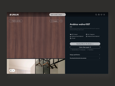 Unilin Panels Lookbook architecture corporate darkmode lightmode order sample panels product design product detail page product specifications sample card technical ui unilin ux webdesign