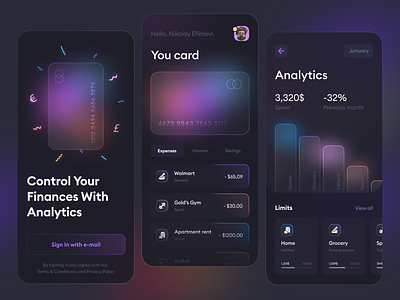 Banking & Analytics App analytics app banking budget chart clean colorful credit card dark theme dark ui expenses finance fintech glass income mobile money pay ui ux