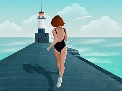 Lighthouse girl illustration lighthouse run sea seagull sky swimwear
